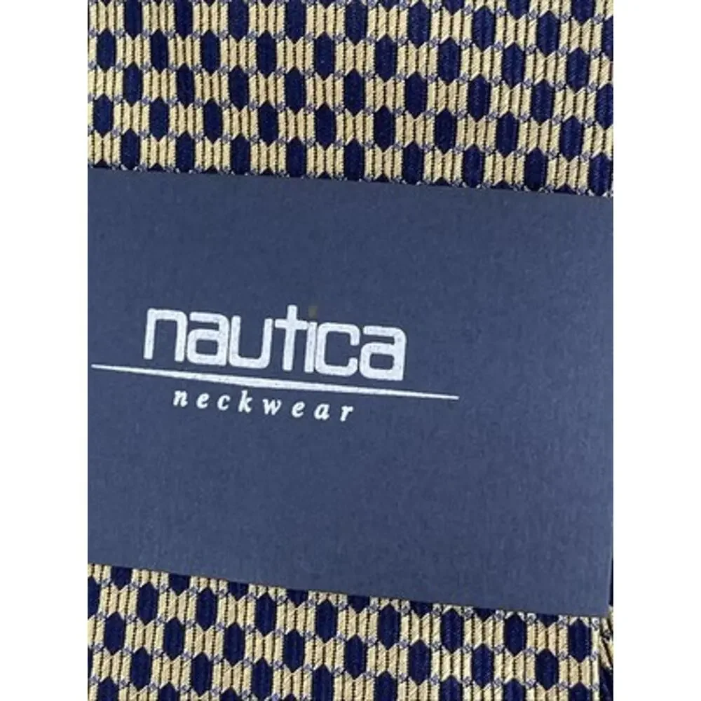 Nautica Tie Gold Navy Geometric Pattern Accent Necktie NWT 57”X4”
